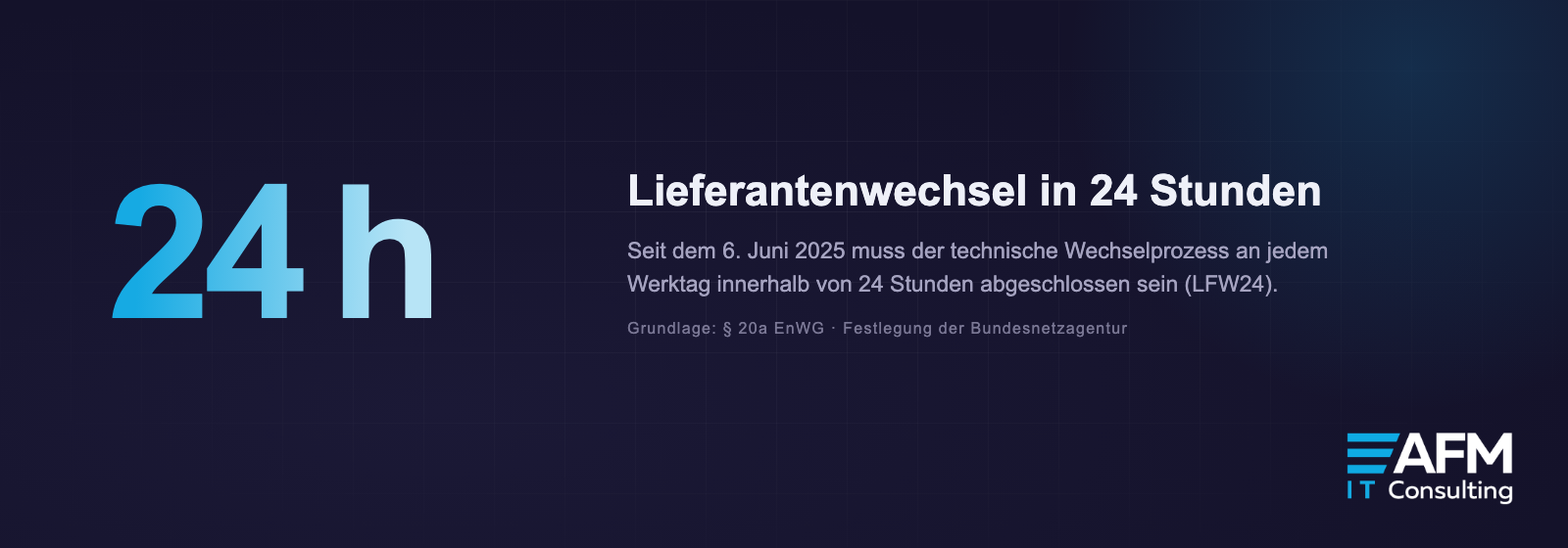 Grafik: LFW24 – seit dem 6. Juni 2025 muss der technische Lieferantenwechsel an jedem Werktag innerhalb von 24 Stunden abgeschlossen sein (§ 20a EnWG)